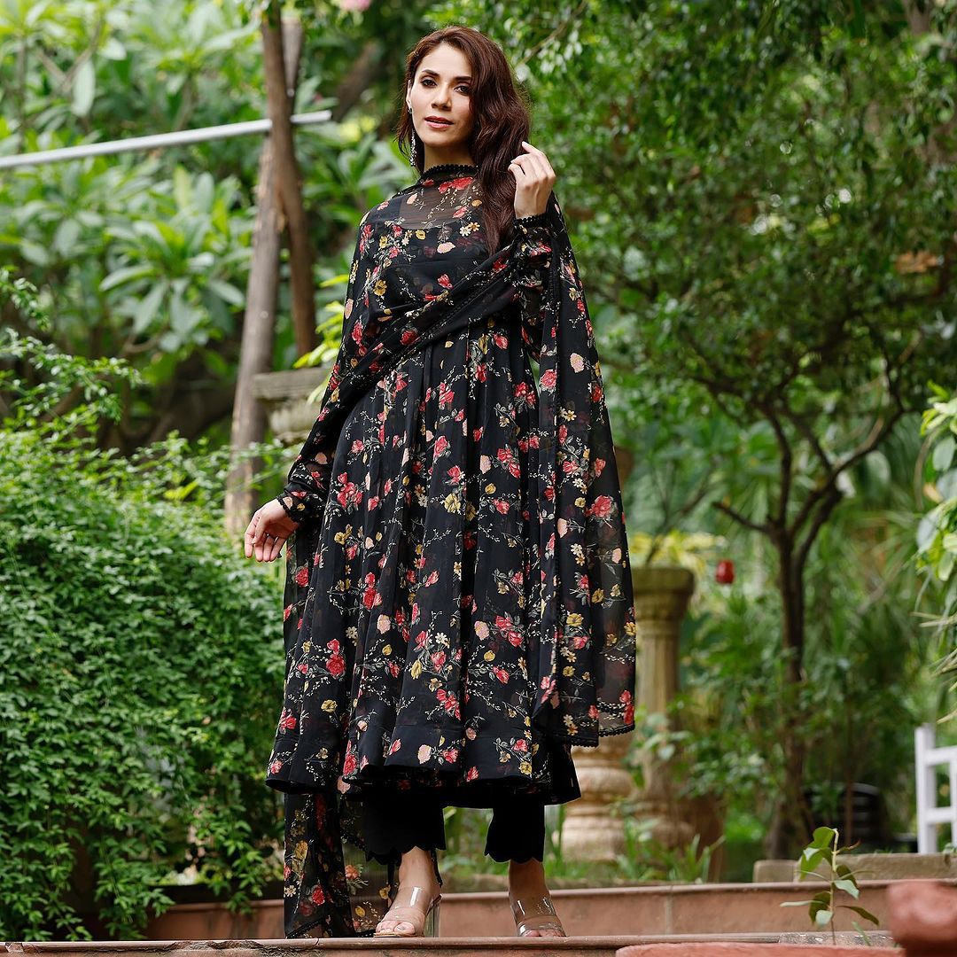 23-10-Pre Booking Georgette A-line heavy Hand worked kurti with lining,  paired with a Hand worked bottom-Coffee Brown-23-10-0022 – Colours Trendz