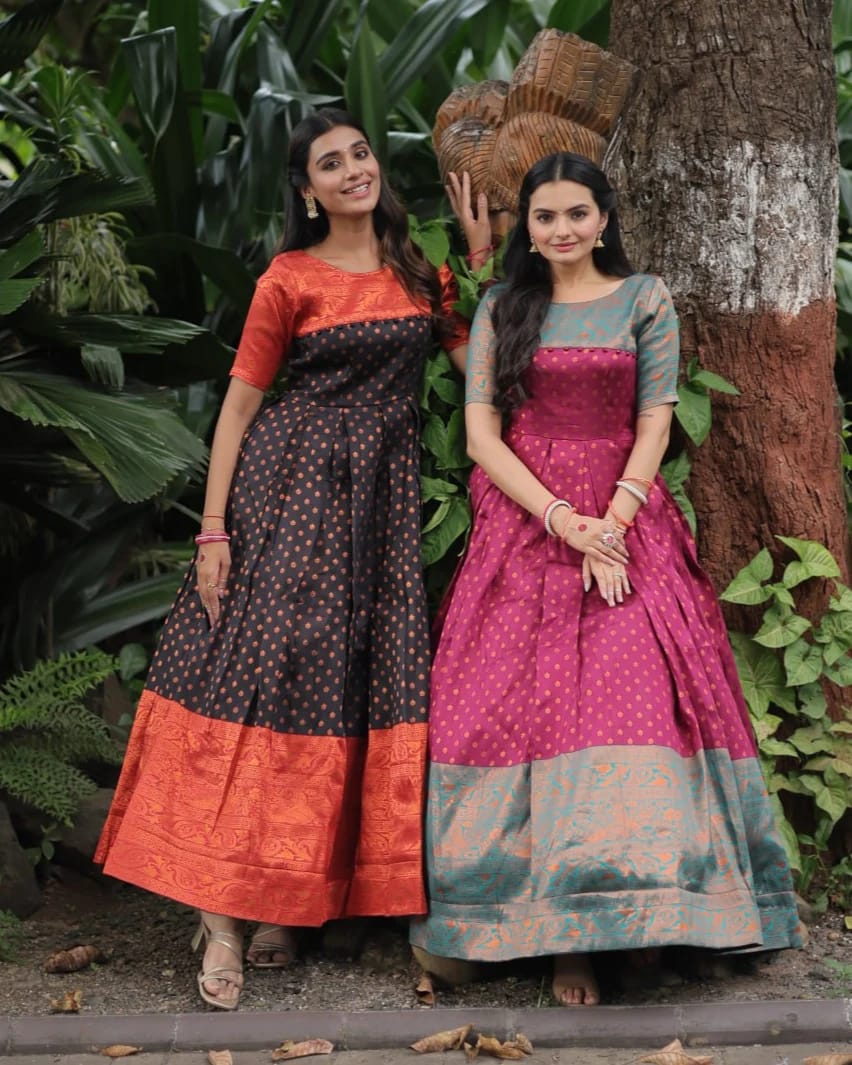 Mohtarma Women's Banarasi Silk Gown Model One Piece Maxi Long Dress Tr –  Musttt Designs